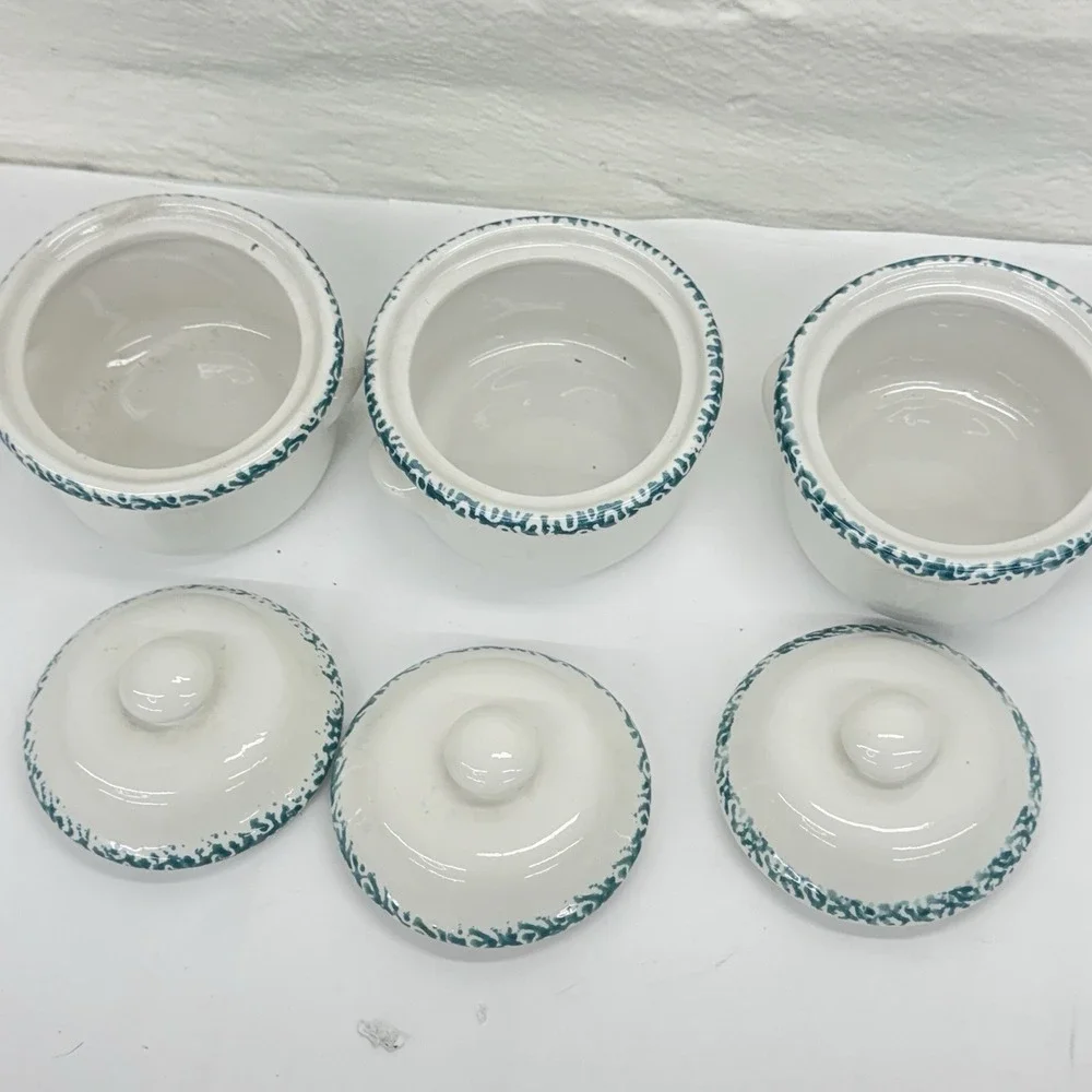 Vintage Set of Spongeware Blue Heart Crock with Lids 3 Country Grandmacore Farm